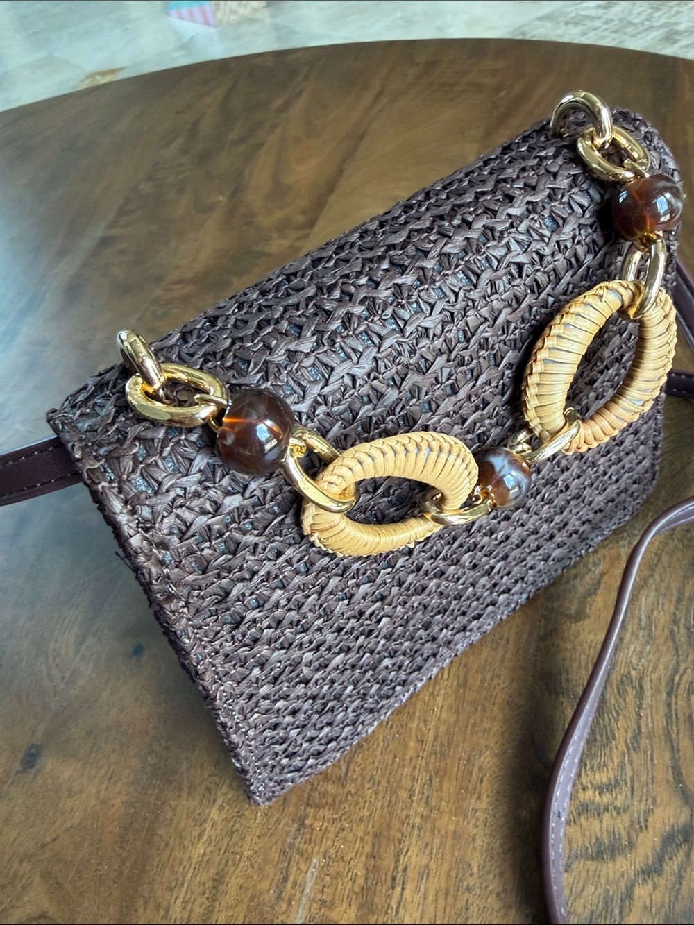 Chocolate Brown Woven Crossbody with Resin Top Handle Gold Hardware - Picture 10 of 14